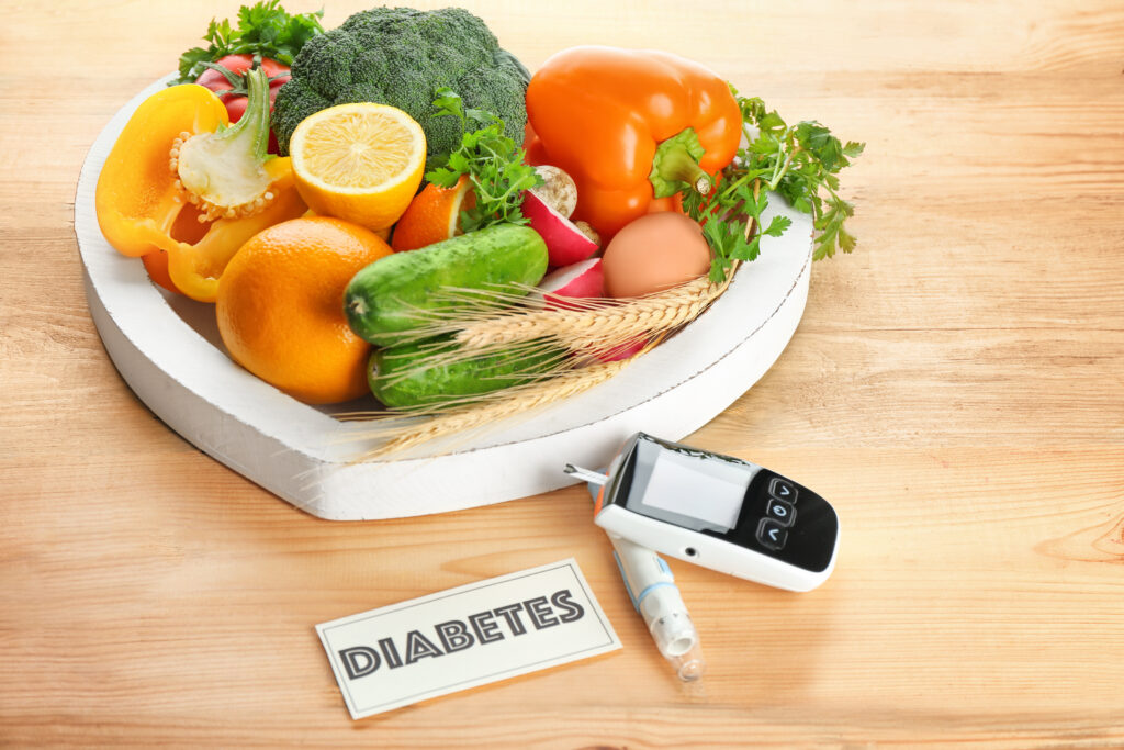 Digital glucometer lancet pen fruits and vegetables on table Diabetes diet - Poliklinika Medikol